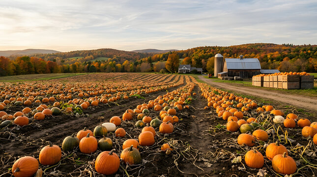 Pumpkin patch field at sunset with farm barn and autumn harvest landscape scenery