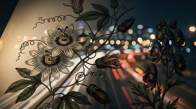 Vintage botanical flowers over bokeh night city lights