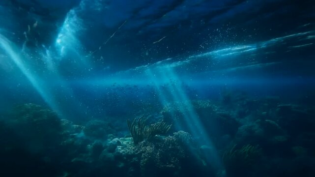 Professional Vfx Digital Effects Futuristic Underwater Coral Reef Scene With Sun Rays Piercing Through Deep Blue Ocean Water Surface Representing Natural Marine Tranquility And Serenity