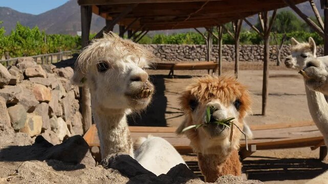 Cute and curious alpacas resting inside an outdoor farm enclosure on a sunny day