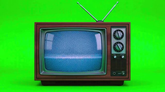 Vintage Retro Television Set with Static Noise Screen Animation on Green Screen Background, Classic Old TV Chroma Key Video