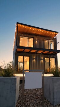 Modern two-story container house illuminated with decorative lights at dusk, showcasing a stylish exterior and inviting ambiance in a desert landscape