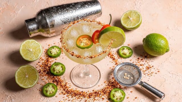 Refreshing margarita cocktail with lime slices, jalapeno rings, and chili salt, surrounded by fresh limes and a cocktail shaker on a textured surface