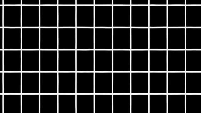Abstract background with squares grid line animation. Black background with animated thin white wireframe grid line fit for alpha channel or overlay layer. Abstract black and white wavy grid bg.