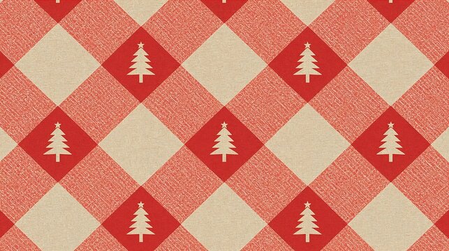 Red and white checkered christmas pattern background with detailed evergreen trees holiday background winter plaid