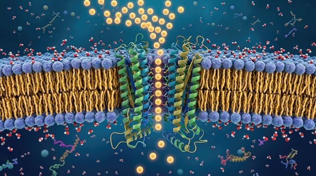 Photorealistic cell biology render depicting an ion channel embedded inside a phospholipid bilayer, detailed protein tunnel extending completely through the membrane, 