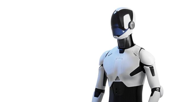 Humanoid robot assistant half length on white background loop