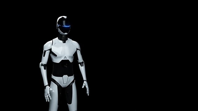 Full body humanoid robot assistant on black background loop