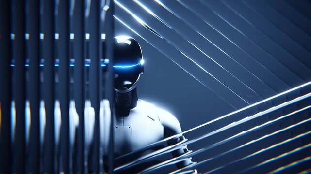 Robot assistant behind ribbed glass and light lines loop background
