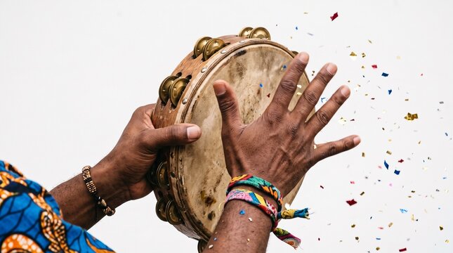 Close up of hands playing a tambourine with confetti falling around