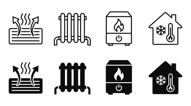 Set of climate control and indoor heating icons featuring radiators and thermostats radiator thermostat temperature