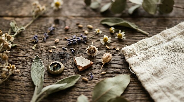 Dried botanicals and vintage objects on weathered wood