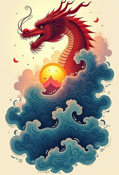 Red dragon rises above ocean waves with sun and crescent moons