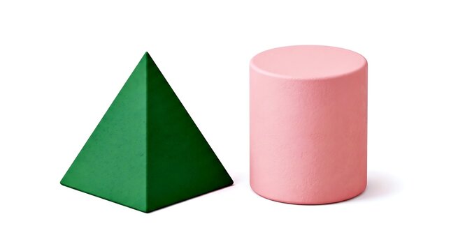Green pyramid and pink cylinder geometric shapes on white background