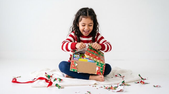 Joyful young girl excitedly unwraps a Christmas gift on a white blanket