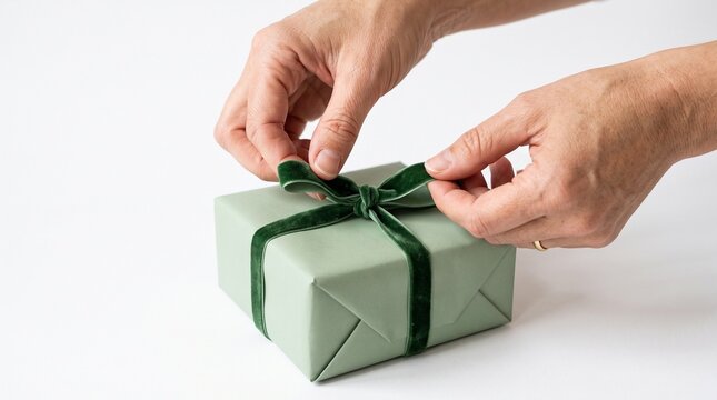 Hands tying a dark green velvet ribbon bow on a sage green gift box