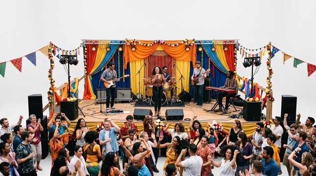 Diverse crowd enjoys a vibrant live band performance on a colorful stage