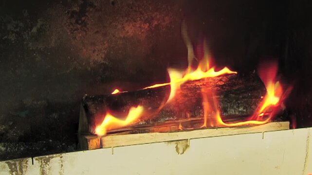 Mesmerizing wood logs burn intensely, casting a warm, radiant glow. Lively orange and yellow flames dance and flicker inside a cozy fireplace.