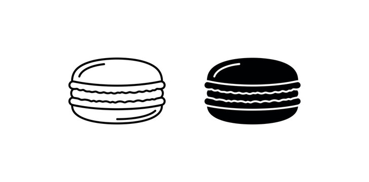 French macaron dessert icons with line and solid styles for bakery branding menu graphics and pastry illustration.