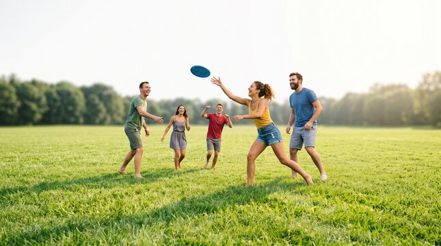 Friends enjoying a sunny day playing frisbee together in a grassy field