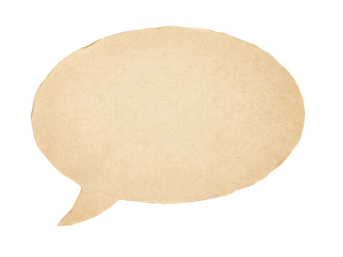 Vintage beige kraft paper speech bubble cutout with organic texture isolated on transparent background.