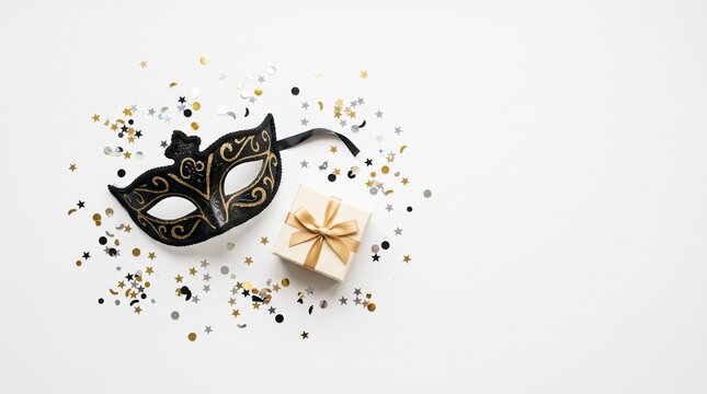 Masquerade mask and gift box with festive confetti on white background