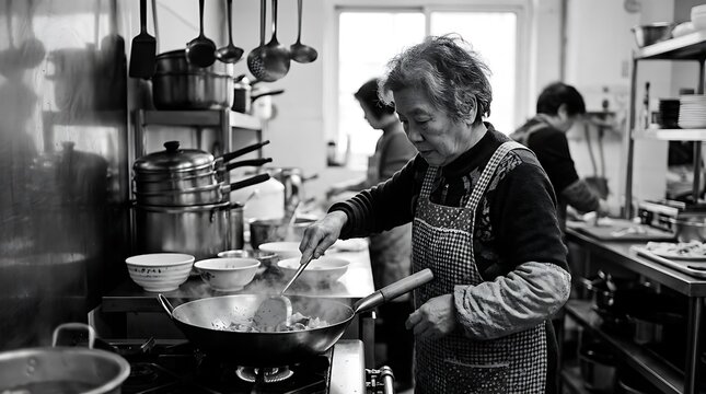 Senior chef preparing food in a busy traditional kitchen