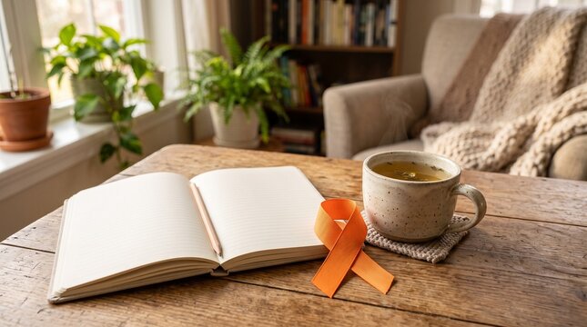 Orange awareness ribbon on wooden table with open notebook, herbal tea in cozy interior, multiple sclerosis and leukemia support concept