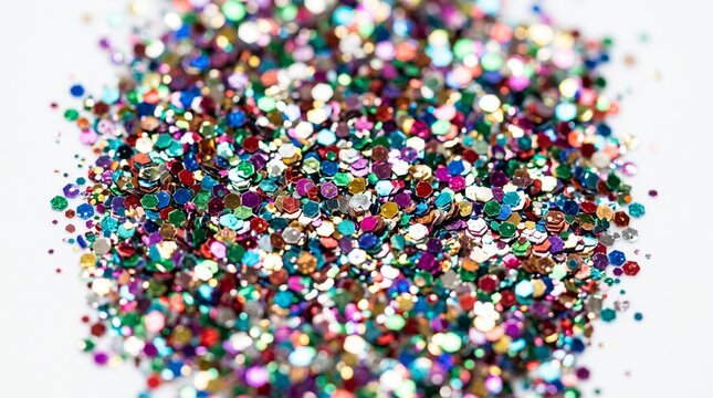 Macro shot of a pile of colorful hexagonal glitter particles on a white background