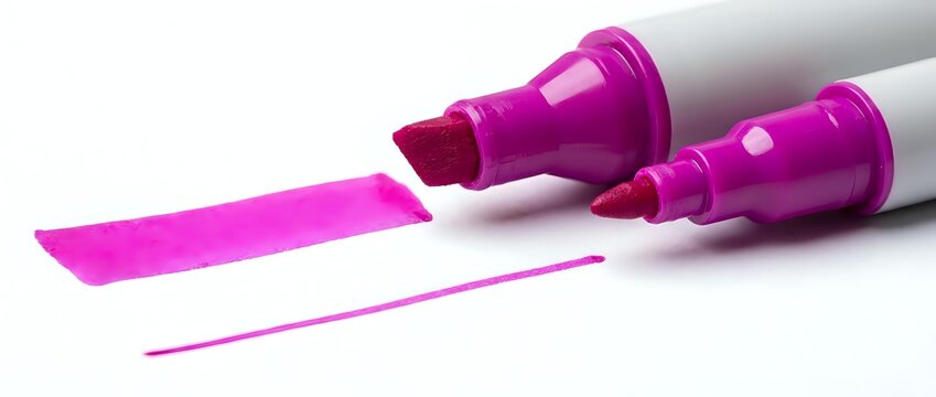 Bright magenta highlighter markers with caps on white surface
