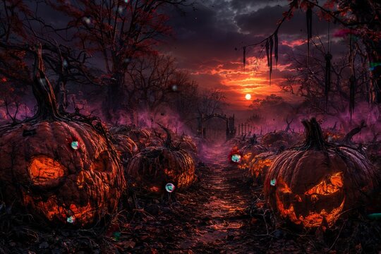 D&uuml;steres Halloween-K&uuml;rbisfeld bei rotem Sonnenuntergang mit verwitterten Jack-o&rsquo;-Lanterns, kahlen B&auml;umen, Nebel und geheimnisvollem Tor in dramatischer Horrorlandschaft.