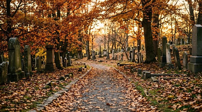 Path through an old cemetery with autumn leaves and sunlight