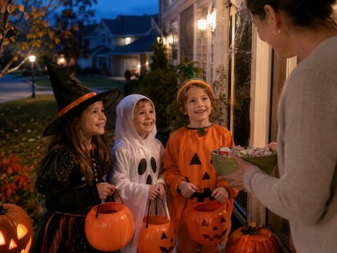 Drei fr&ouml;hliche Kinder in Hexen-, Geister- und K&uuml;rbiskost&uuml;m stehen beim Trick or Treat vor einer Haust&uuml;r, w&auml;hrend eine Erwachsene ihnen S&uuml;&szlig;igkeiten anbietet.