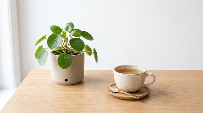 Serene desk scene with a potted plant and a warm cup of tea