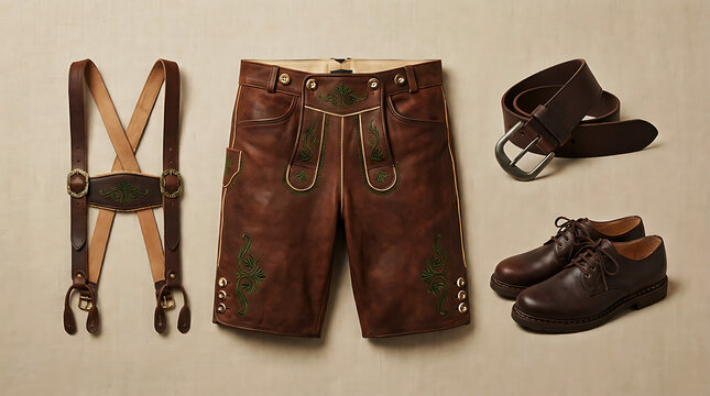 Flat lay product composition featuring detailed brown leather lederhosen with green embroidery matching leather suspenders belt and lace up shoes