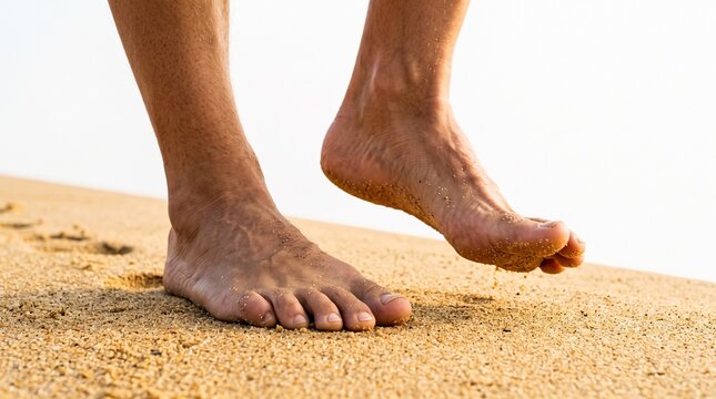 Close-up of bare feet walking on a sandy beach with footprints