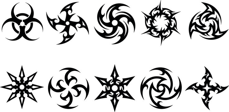 Set of black tribal ninja throwing star vector icons featuring biohazard symbols and sharp curved edge blade designs.