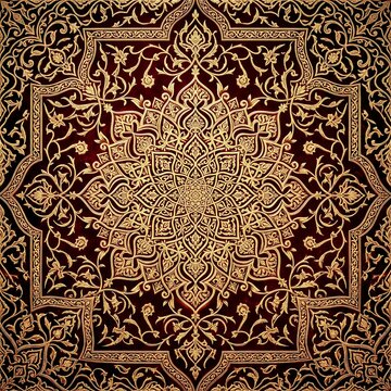 Rich dark red and gold oriental carpet pattern with intricate damask ornaments