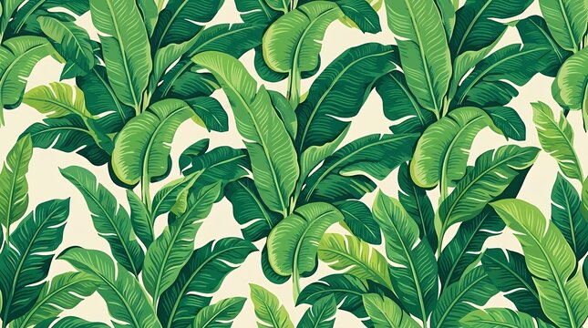 Tropical Banana Palm Leaves Seamless Summer Pattern Vibrant repeating jungle print showcasing broad tropical banana palm foliage in lush green tones ideal for exotic summer textiles wall coverings