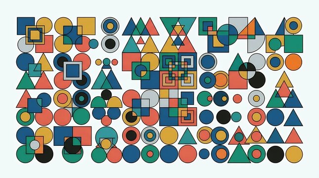 Abstract Geometric Shapes Array with Squares Circles and Triangles Balanced composition featuring fundamental geometric forms including squares circles and triangles arranged cleanly over a plain