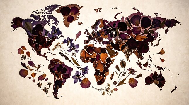 World map made of dried flowers and petals on vintage paper