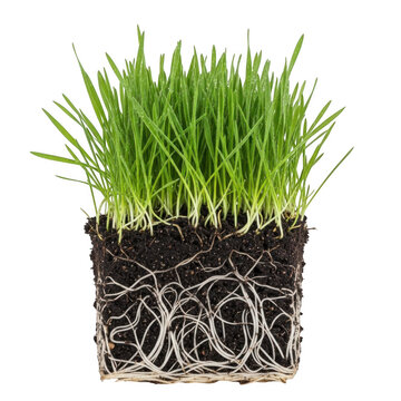 Fresh green grass plant with visible roots and soil block isolated on transparent background