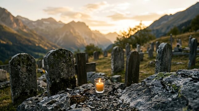 Burning candle at an old mountain cemetery during sunset