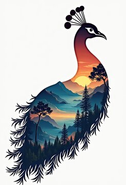 Peacock silhouette holds mountain sunset forest landscape inside its feathers