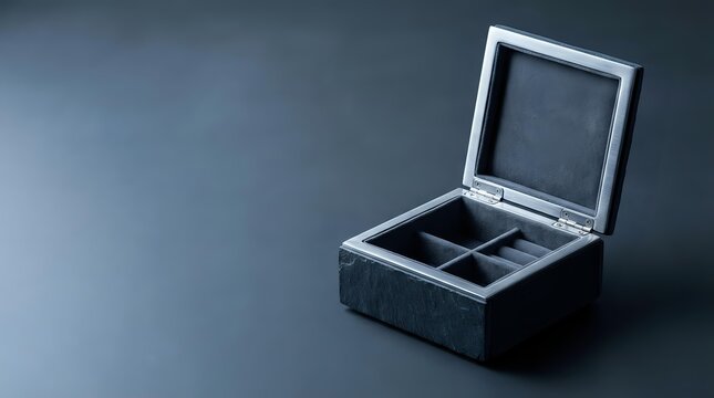 Luxury jewelry box with open lid and compartments on dark background