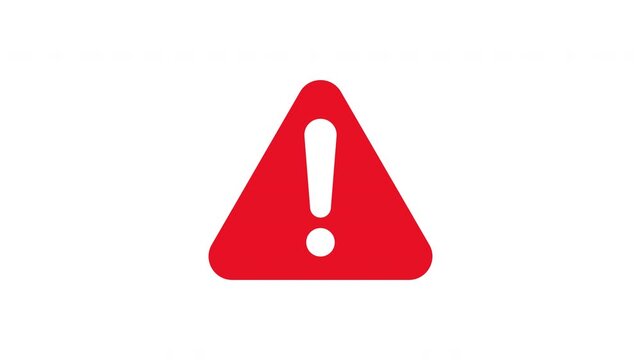 Red exclamation mark warning icon animation on transparent background, minimalist caution triangle alert symbol for web, interface and video editing