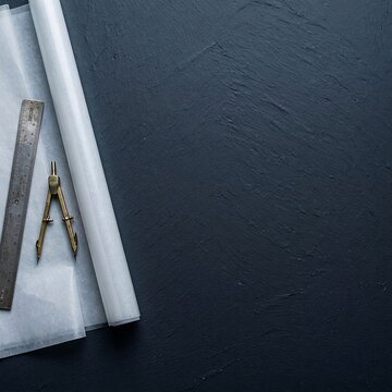 Flat lay of vintage brass drafting compass and metal ruler with copy space on dark slate background
