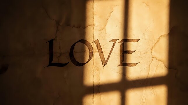 Sunlight casts window shadows on wall with embossed love text
