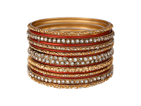 Traditional indian golden and red bangles isolated on transparent or white background, png