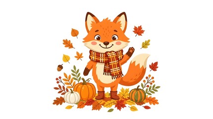 Fototapeta premium Cute cartoon fox wearing a plaid scarf, standing among autumn leaves, pumpkins, and acorns on a white background